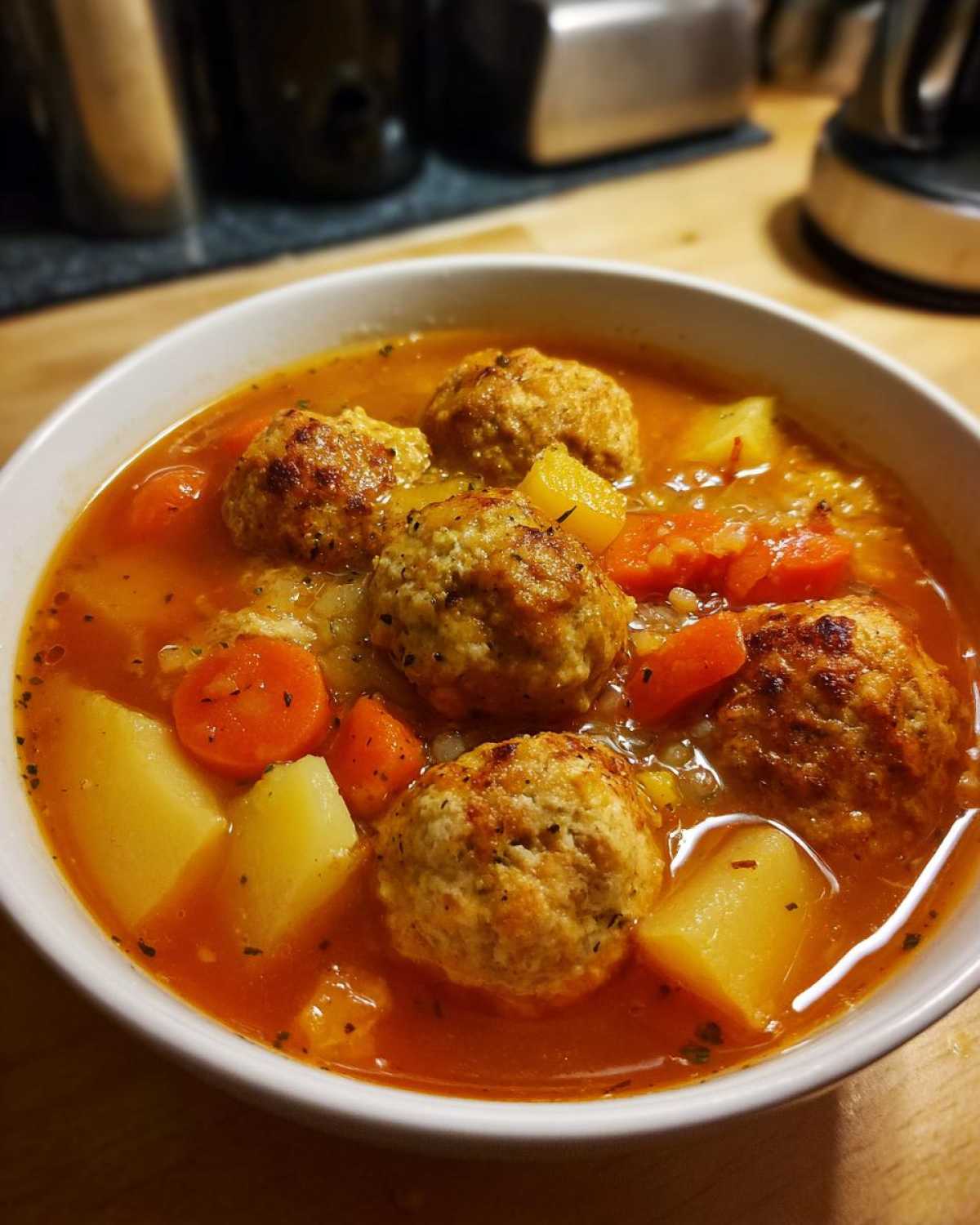 A close-up of a white bowl filled with rich, tomato-based albondigas soup featuring large meatballs, chunks of potato, and sliced carrots.