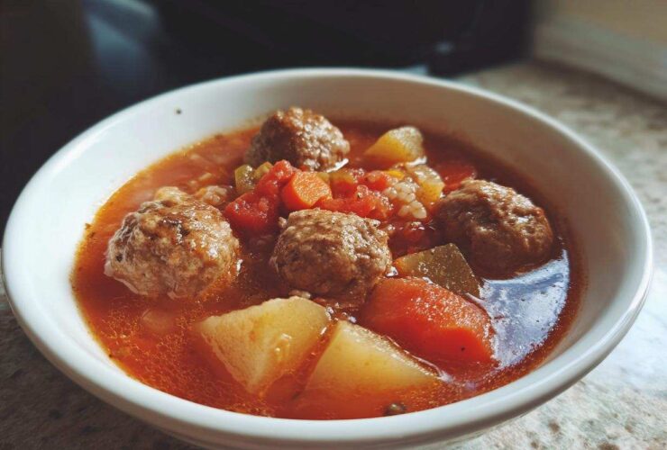 Close-up of a white bowl filled with rich, tomato-based albondigas soup featuring meatballs, potatoes, and carrots.