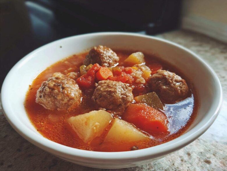 Close-up of a white bowl filled with rich, tomato-based albondigas soup featuring meatballs, potatoes, and carrots.