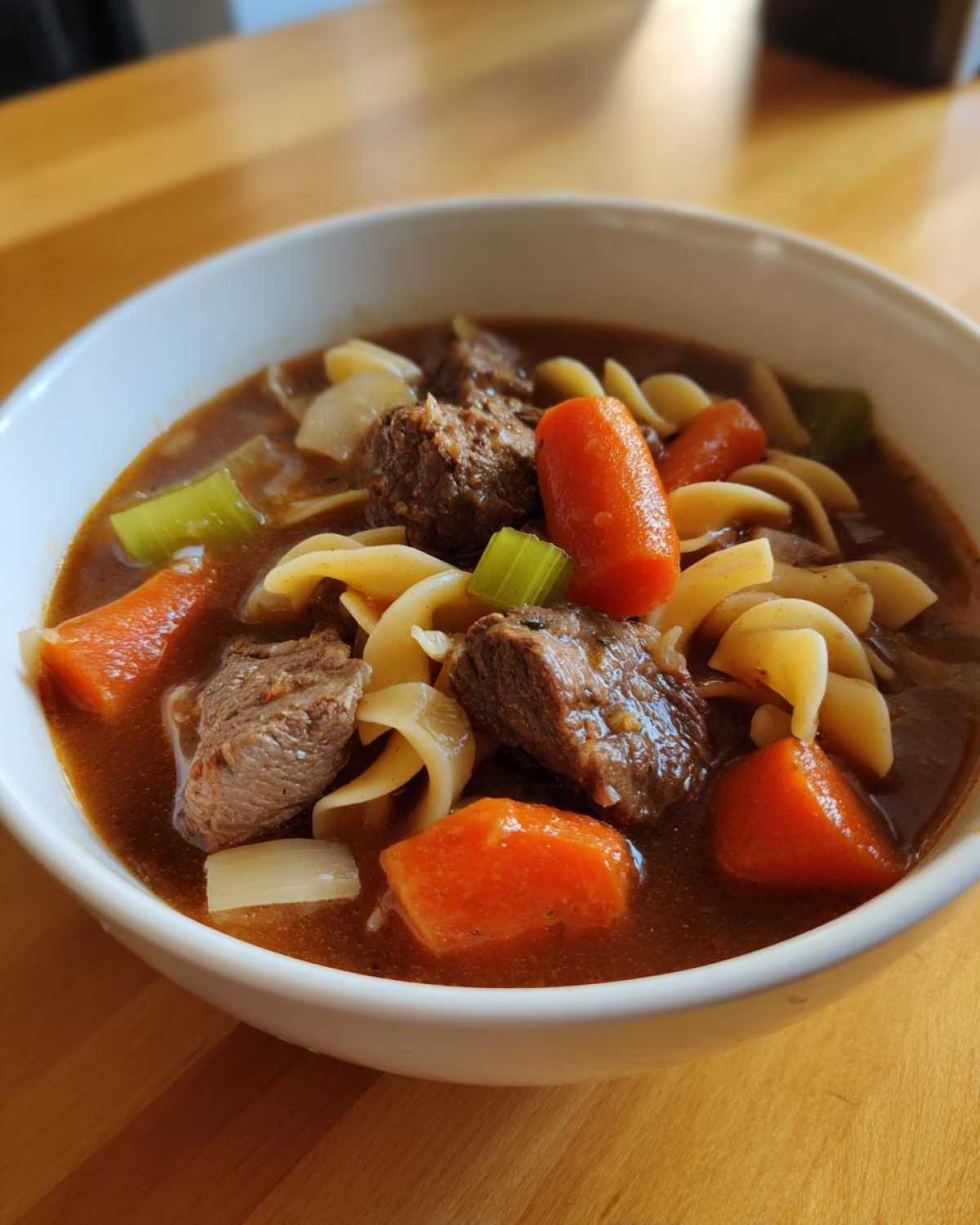 Close-up of a white bowl filled with rich beef noodle soup, featuring chunks of beef, egg noodles, carrots, and celery.