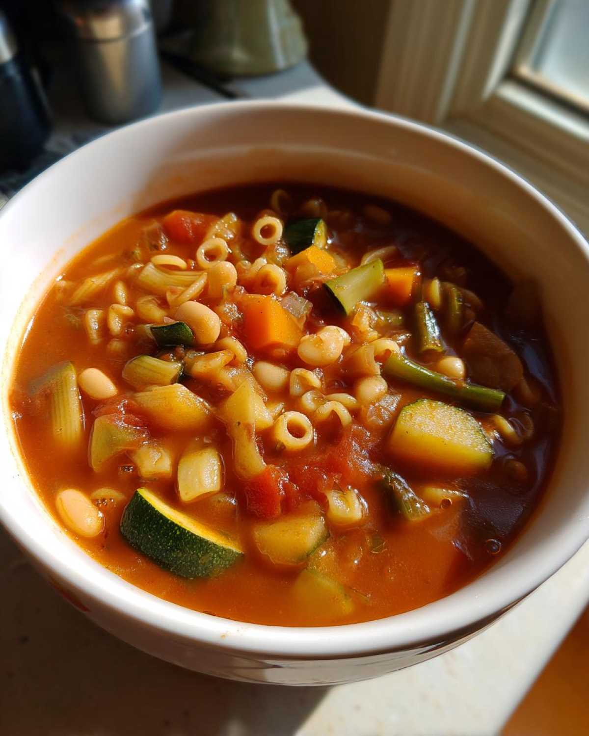 Close-up of a white bowl filled with rich, tomato-based minestrone soup featuring zucchini, carrots, beans, and ditalini pasta.