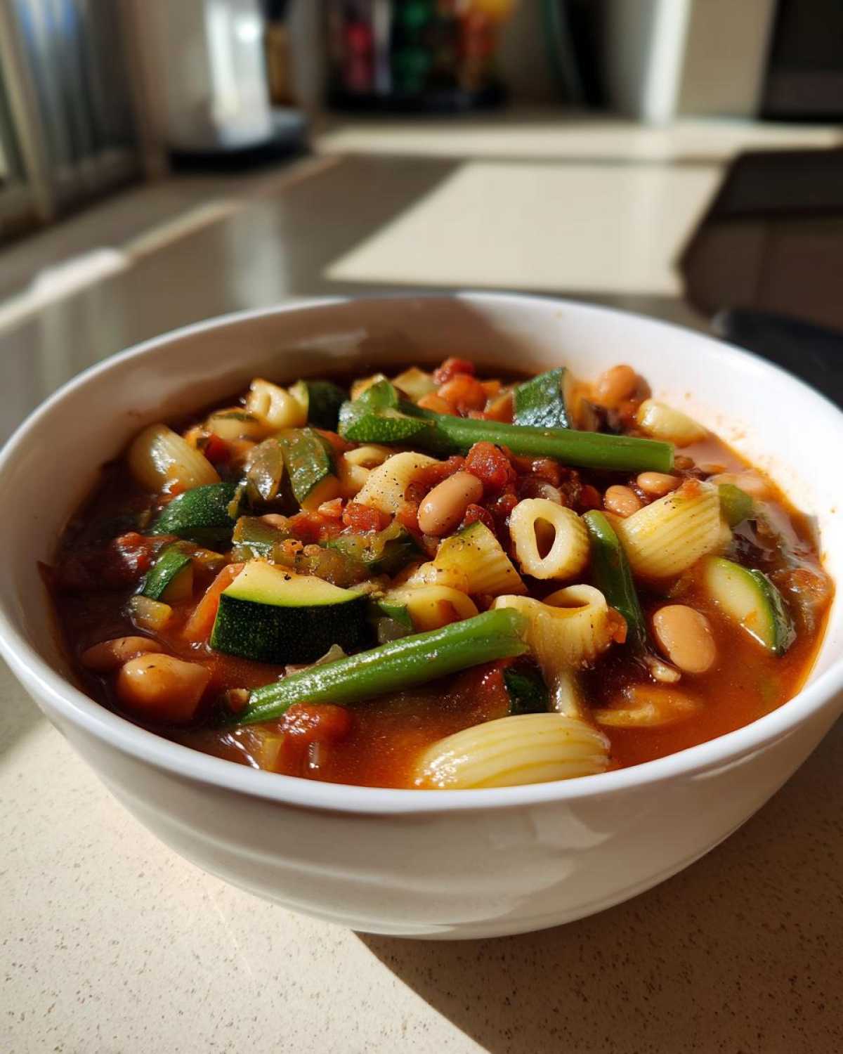 Close-up of a white bowl filled with rich, tomato-based minestrone soup featuring zucchini, green beans, beans, and pasta.