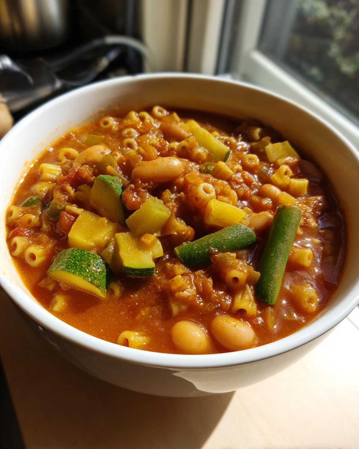 Close-up of a white bowl filled with rich, tomato-based minestrone soup featuring zucchini, beans, and small pasta.