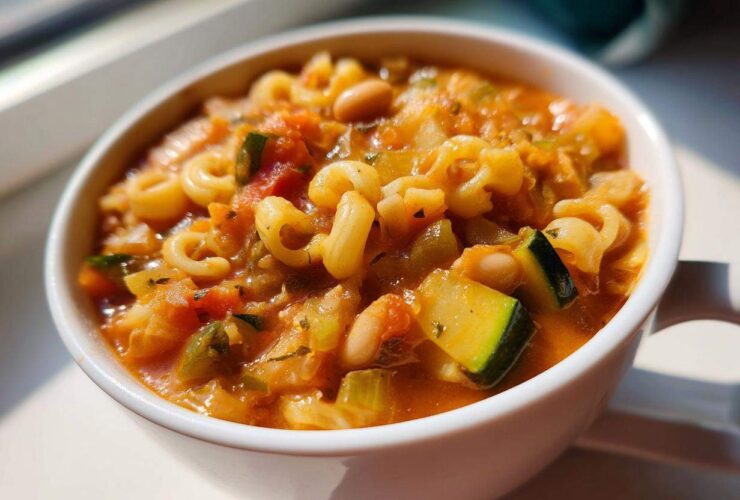 A close-up shot of a white bowl filled with rich, tomato-based minestrone soup featuring pasta, zucchini chunks, and white beans.
