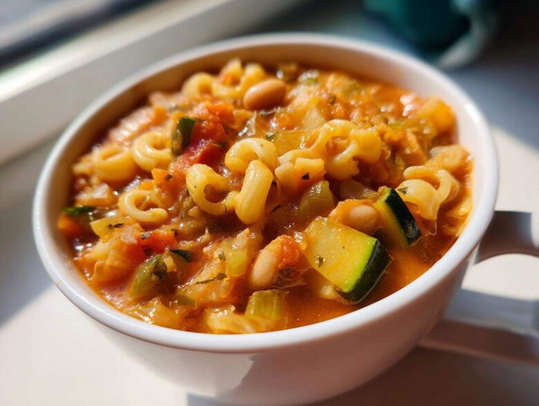 A close-up shot of a white bowl filled with rich, tomato-based minestrone soup featuring pasta, zucchini chunks, and white beans.
