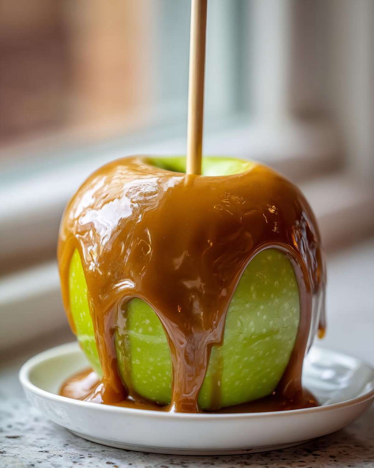 A glossy, freshly dipped green apple covered in thick caramel sauce, served on a small white plate. This is a perfect example of homemade caramel apples.