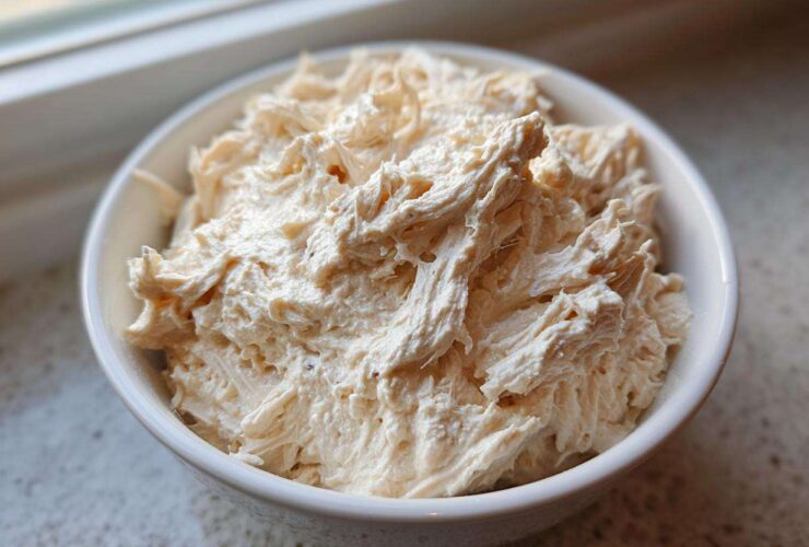 Close-up of fluffy, shredded chicken mixed into a creamy base, representing homemade cream of chicken soup.