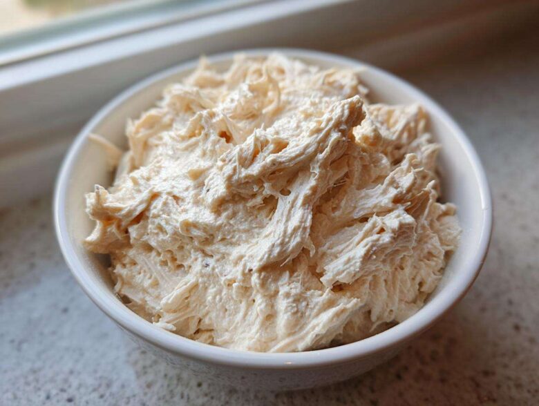 Close-up of fluffy, shredded chicken mixed into a creamy base, representing homemade cream of chicken soup.