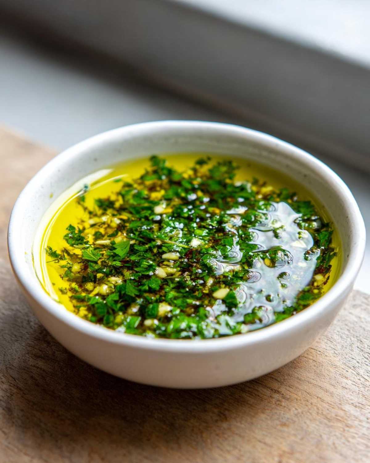 A white bowl filled with bright yellow olive oil bread dip, topped with fresh green herbs and minced garlic.