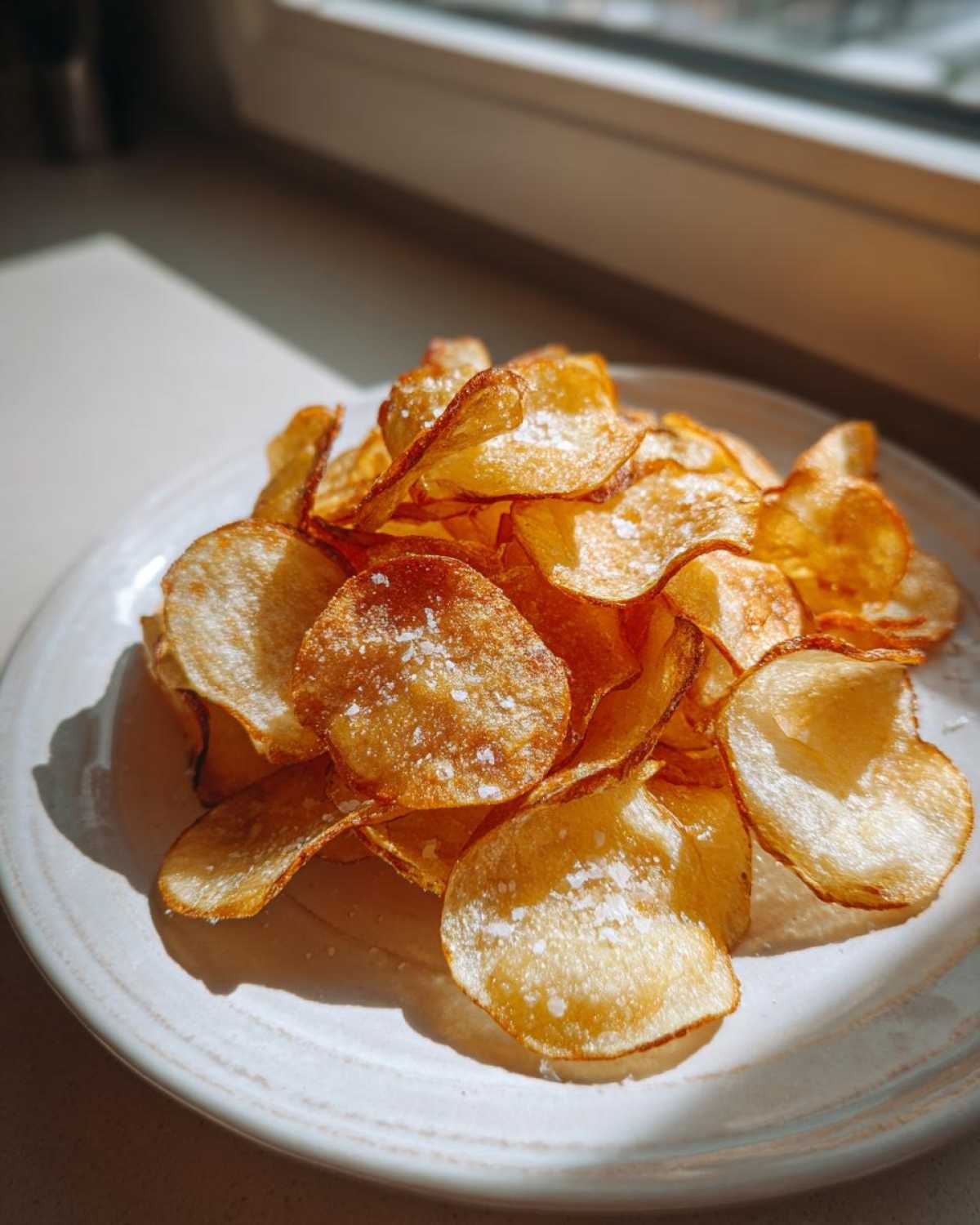 A pile of golden, crispy homemade potato chips sprinkled with coarse sea salt on a white plate.
