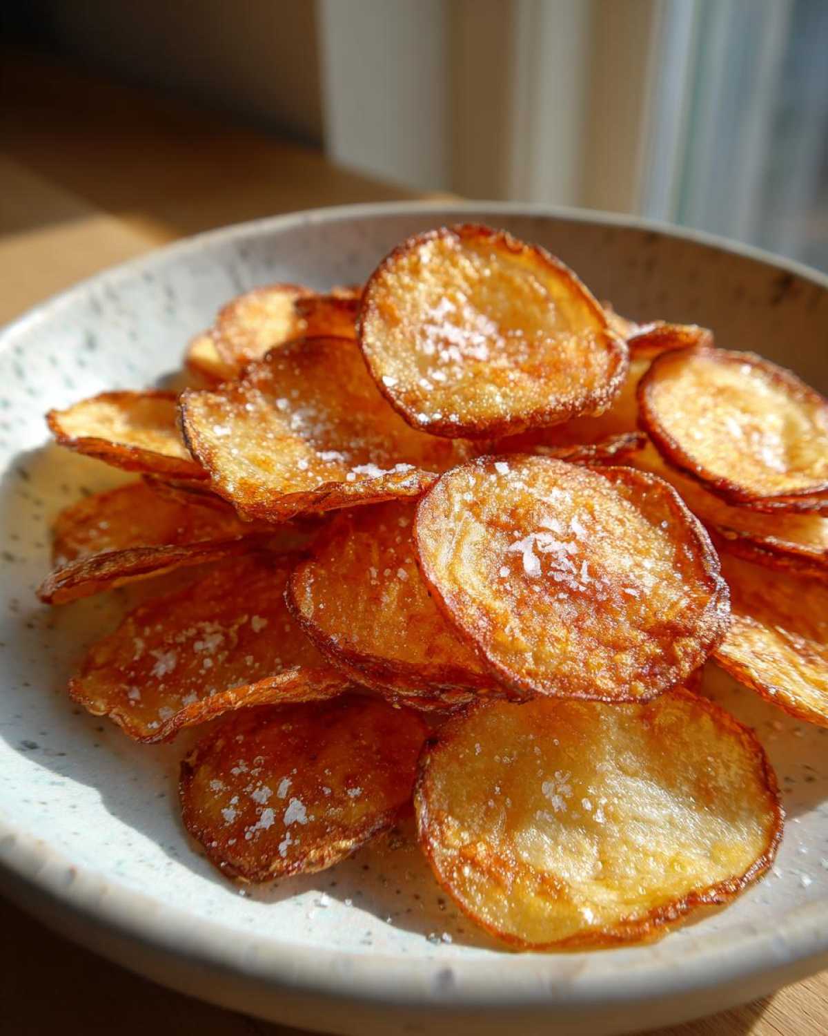 Close-up of a bowl piled high with golden, crispy homemade potato chips seasoned with coarse salt.