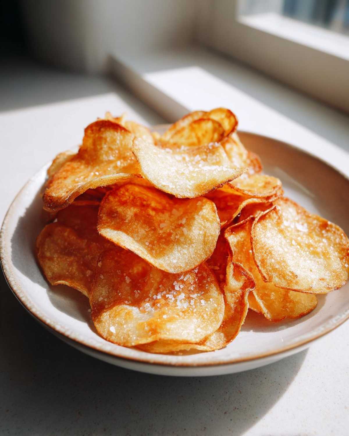 A close-up of freshly made, golden brown potato chips sprinkled with coarse salt on a light-colored plate.