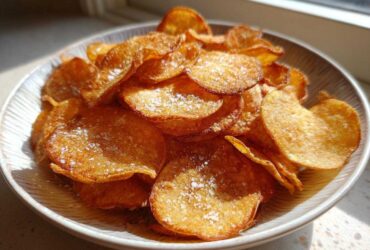 A bowl piled high with golden brown, homemade potato chips sprinkled with coarse salt.