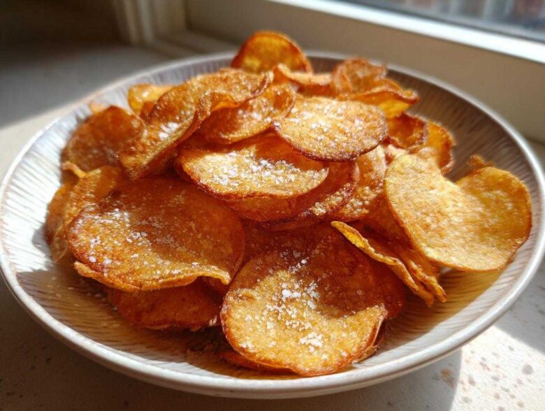 A bowl piled high with golden brown, homemade potato chips sprinkled with coarse salt.