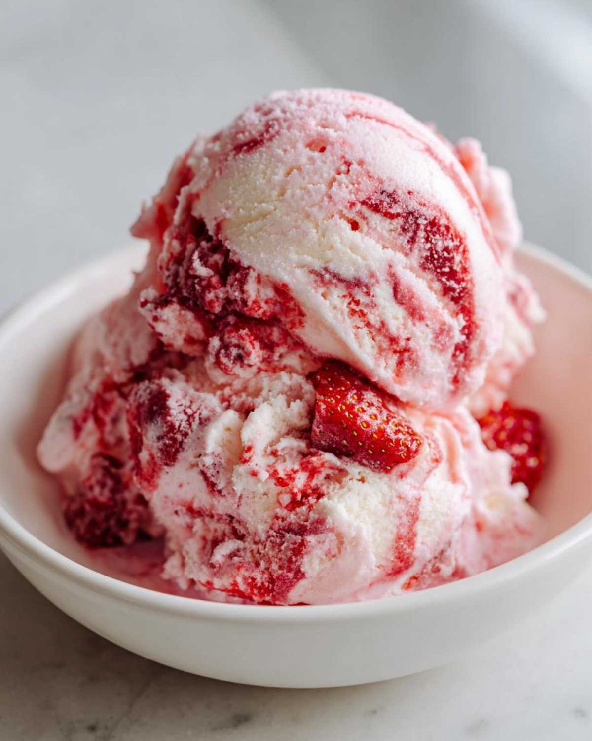 Close-up of two scoops of creamy strawberry ice cream swirled with bright red fruit puree and topped with fresh strawberry pieces.
