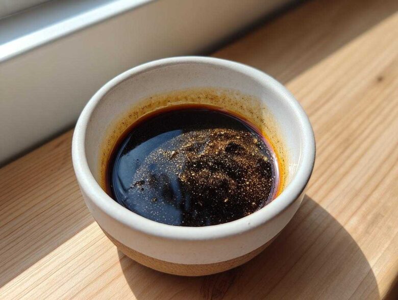 Close-up of rich, dark homemade teriyaki sauce with spices floating on top in a small ceramic bowl.