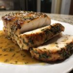 Close-up of moist, sliced instant pot turkey breast covered in a savory herb glaze and resting in pan juices.