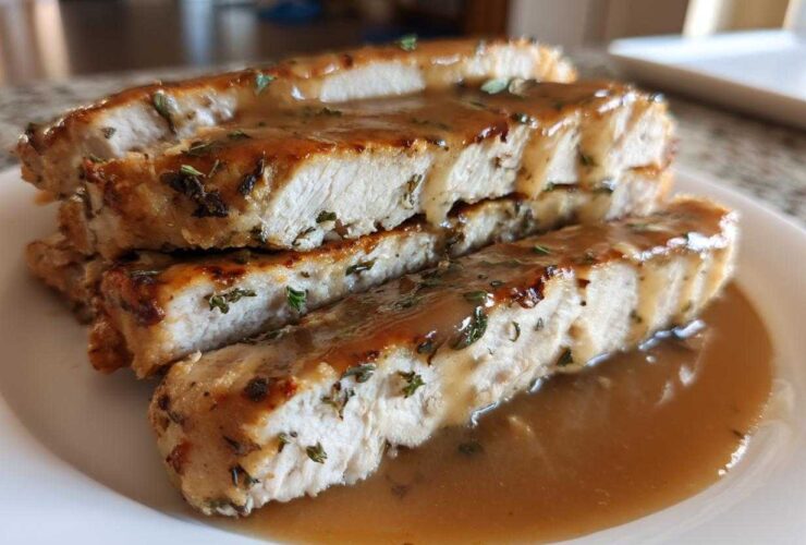 Slices of juicy instant pot turkey breast topped with brown gravy and herbs on a white plate.