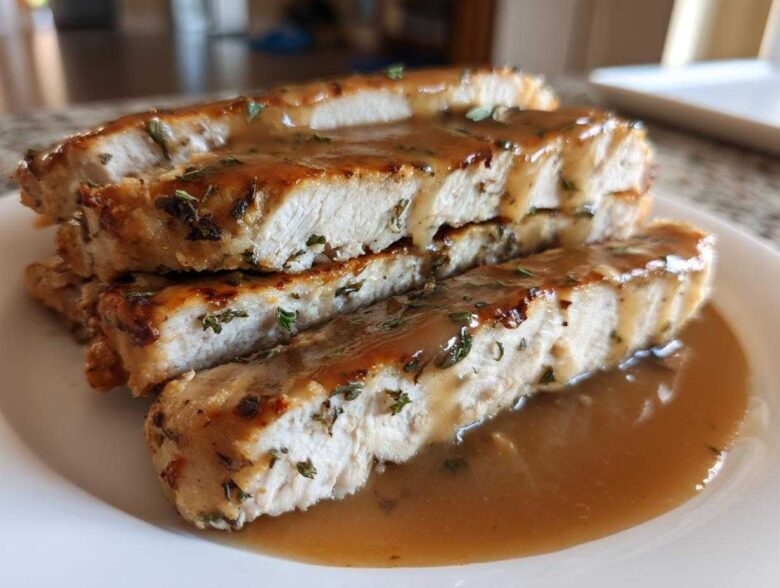 Slices of juicy instant pot turkey breast topped with brown gravy and herbs on a white plate.