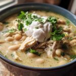 A close-up of a hearty bowl of instant pot white chicken chili, topped with sour cream and fresh cilantro.