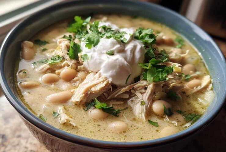 A close-up of a hearty bowl of instant pot white chicken chili, topped with sour cream and fresh cilantro.