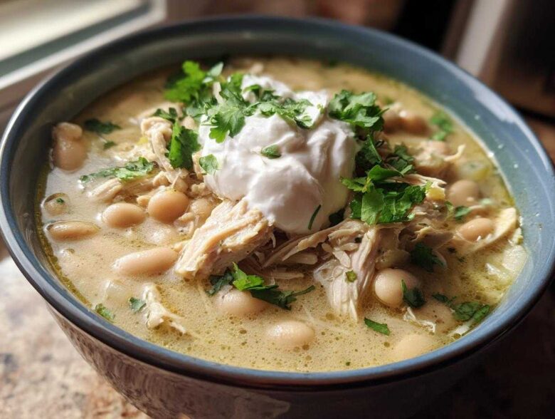 A close-up of a hearty bowl of instant pot white chicken chili, topped with sour cream and fresh cilantro.