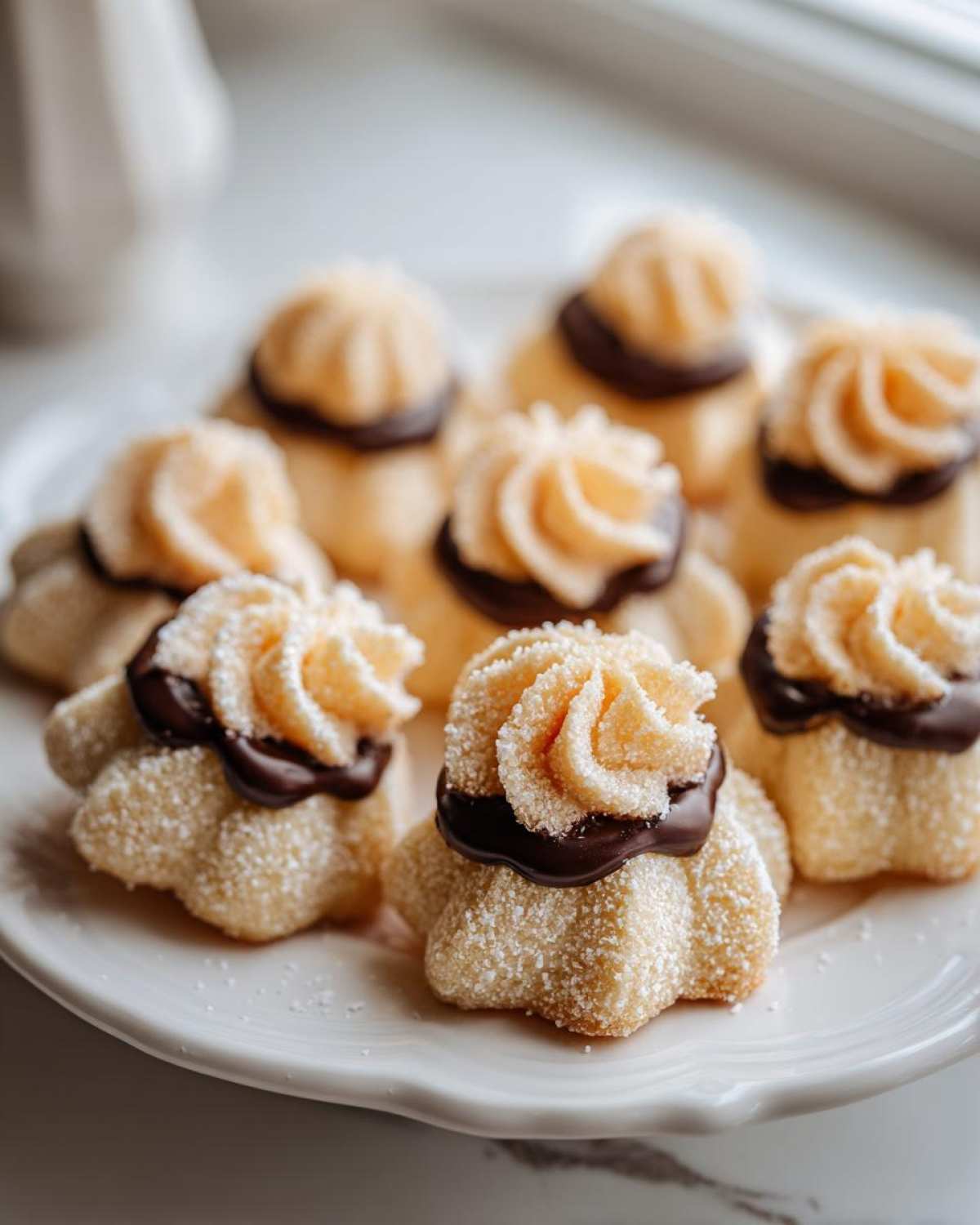 A plate of delicate Italian butter cookies, dipped in chocolate and topped with piped frosting.