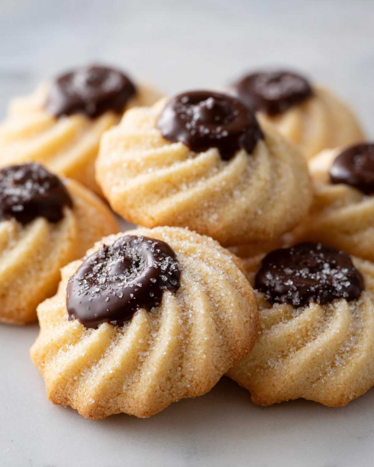 Close-up of piped Italian butter cookies, coated in sugar and topped with a dollop of dark chocolate.