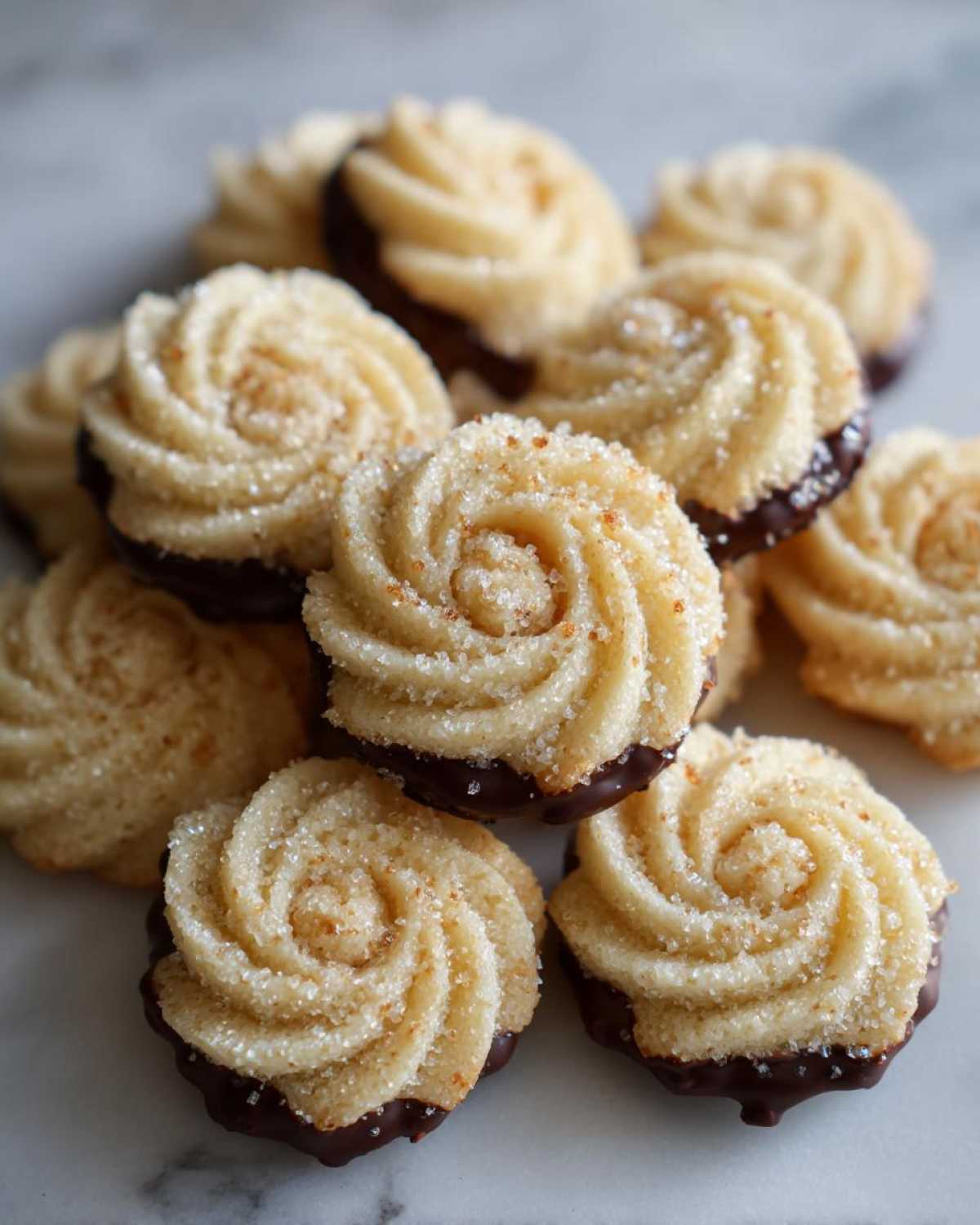 A pile of piped, rosette-shaped italian butter cookies dipped in dark chocolate and sprinkled with sugar.