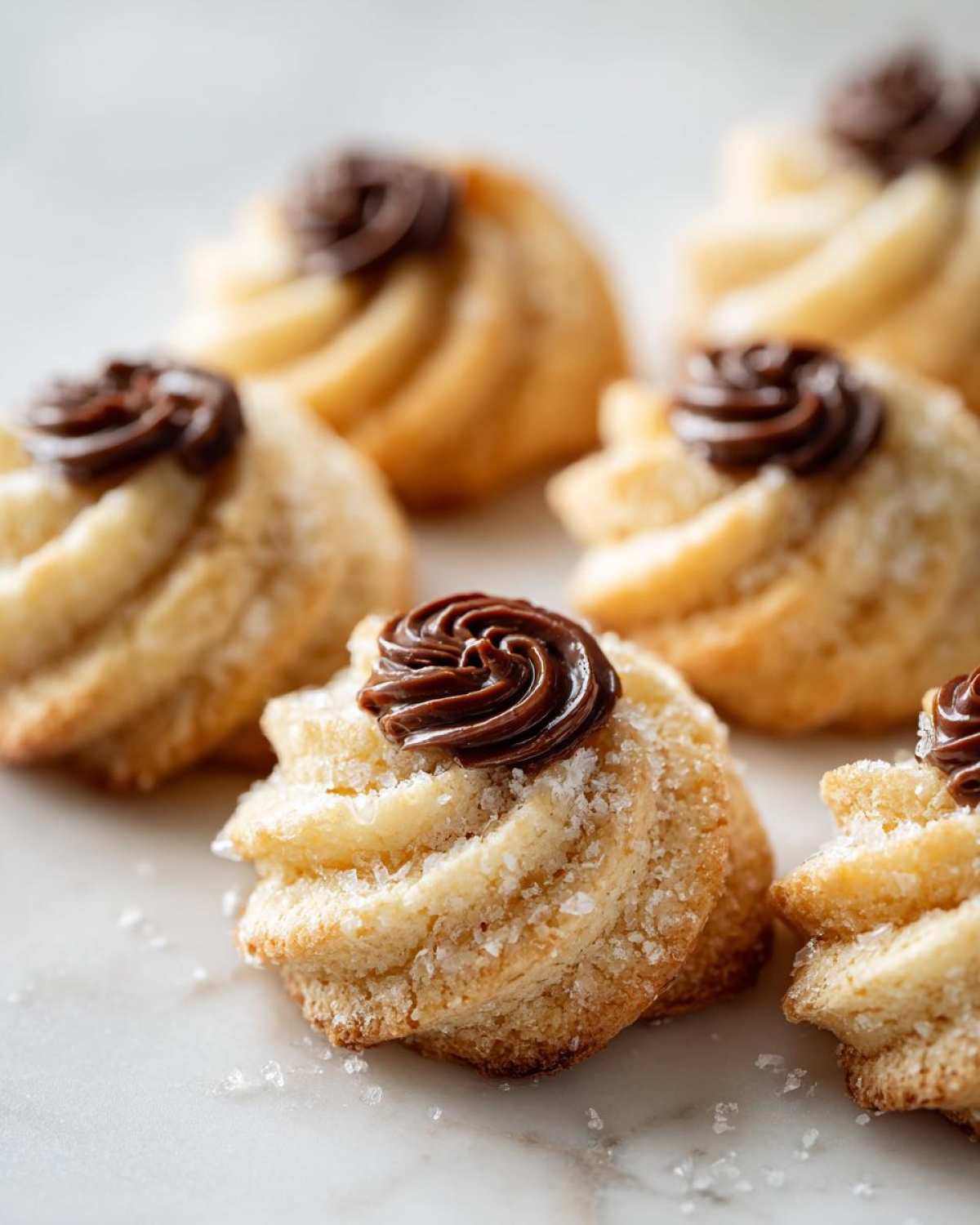 Close-up of piped Italian butter cookies topped with chocolate frosting and coarse salt.