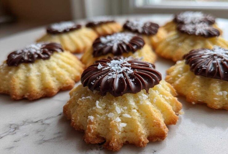 Close-up of several piped Italian butter cookies topped with dark chocolate frosting and powdered sugar.