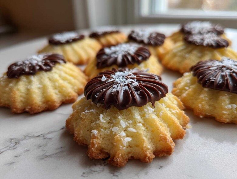 Close-up of several piped Italian butter cookies topped with dark chocolate frosting and powdered sugar.