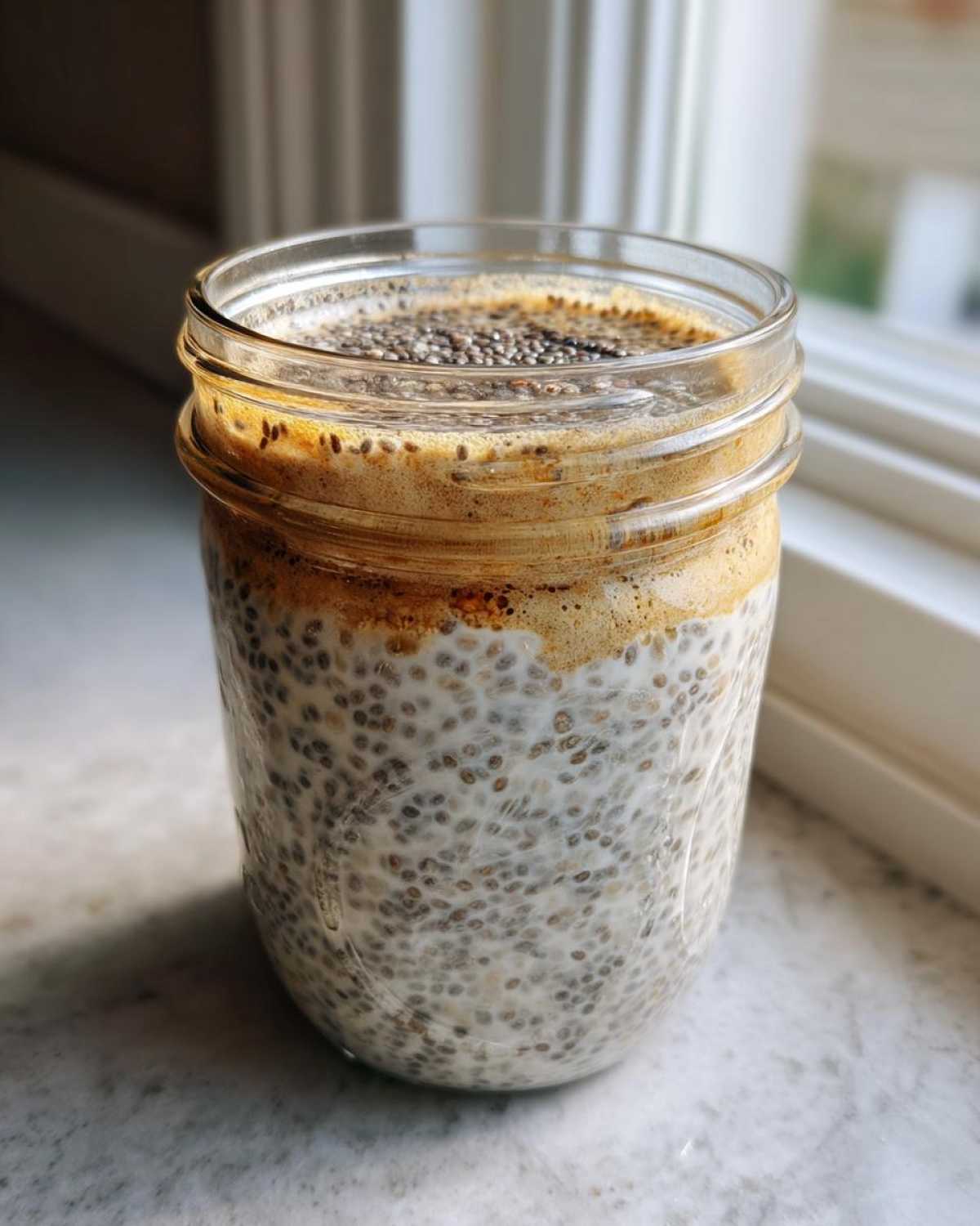 Close-up of chia seed pudding in a glass jar with a creamy layer and whole chia seeds sprinkled on top.