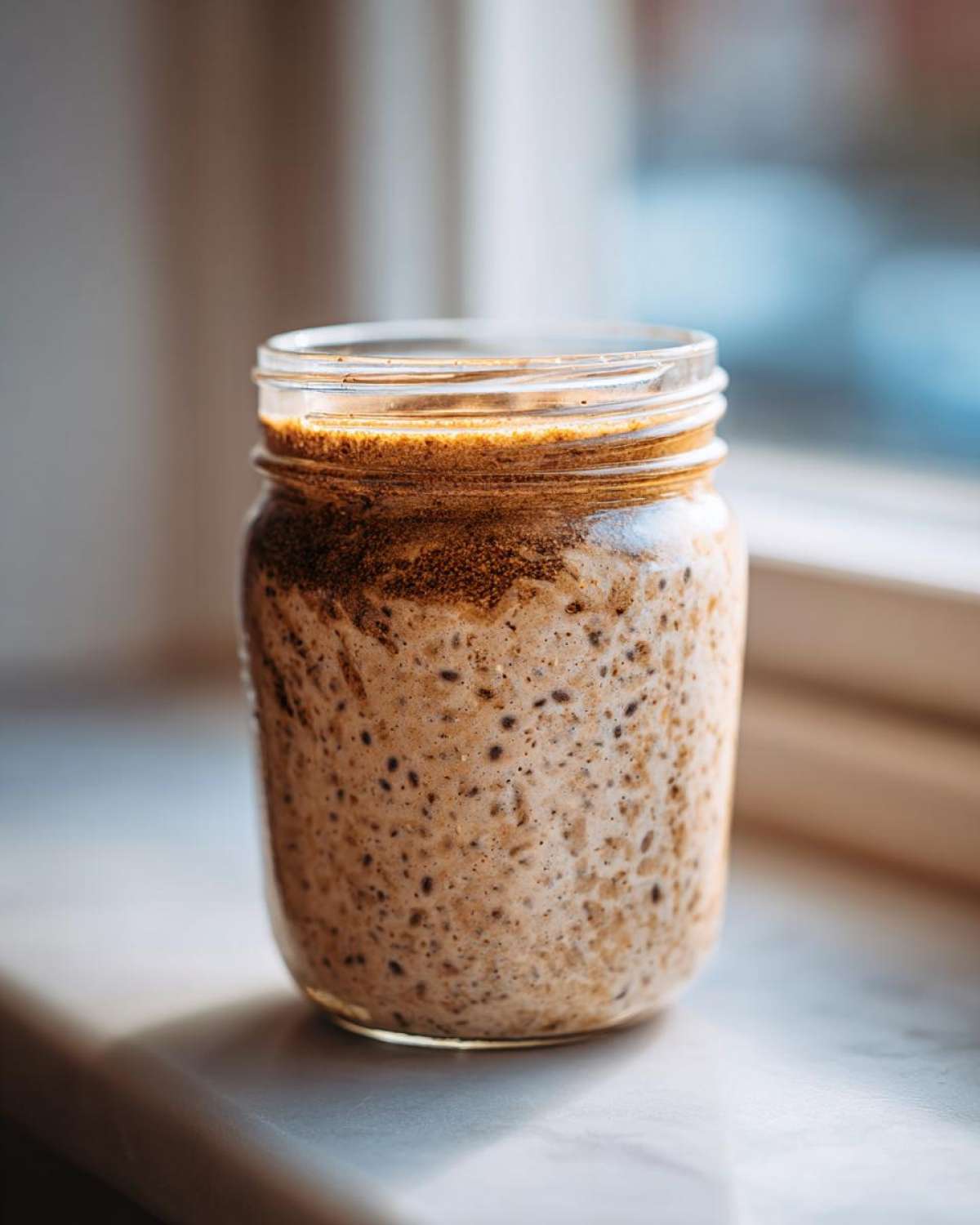 A glass jar filled with prepared chia seed pudding, showing visible chia seeds and a brown topping near the rim.