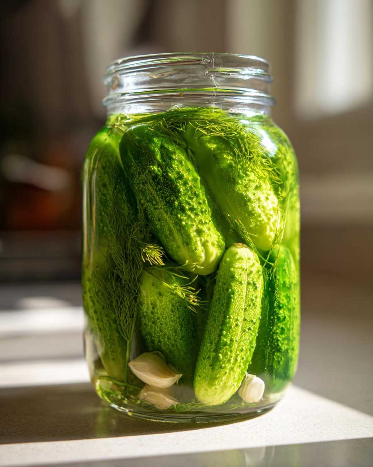 A glass jar filled with fresh cucumbers, dill sprigs, and garlic cloves for making refrigerator pickles.