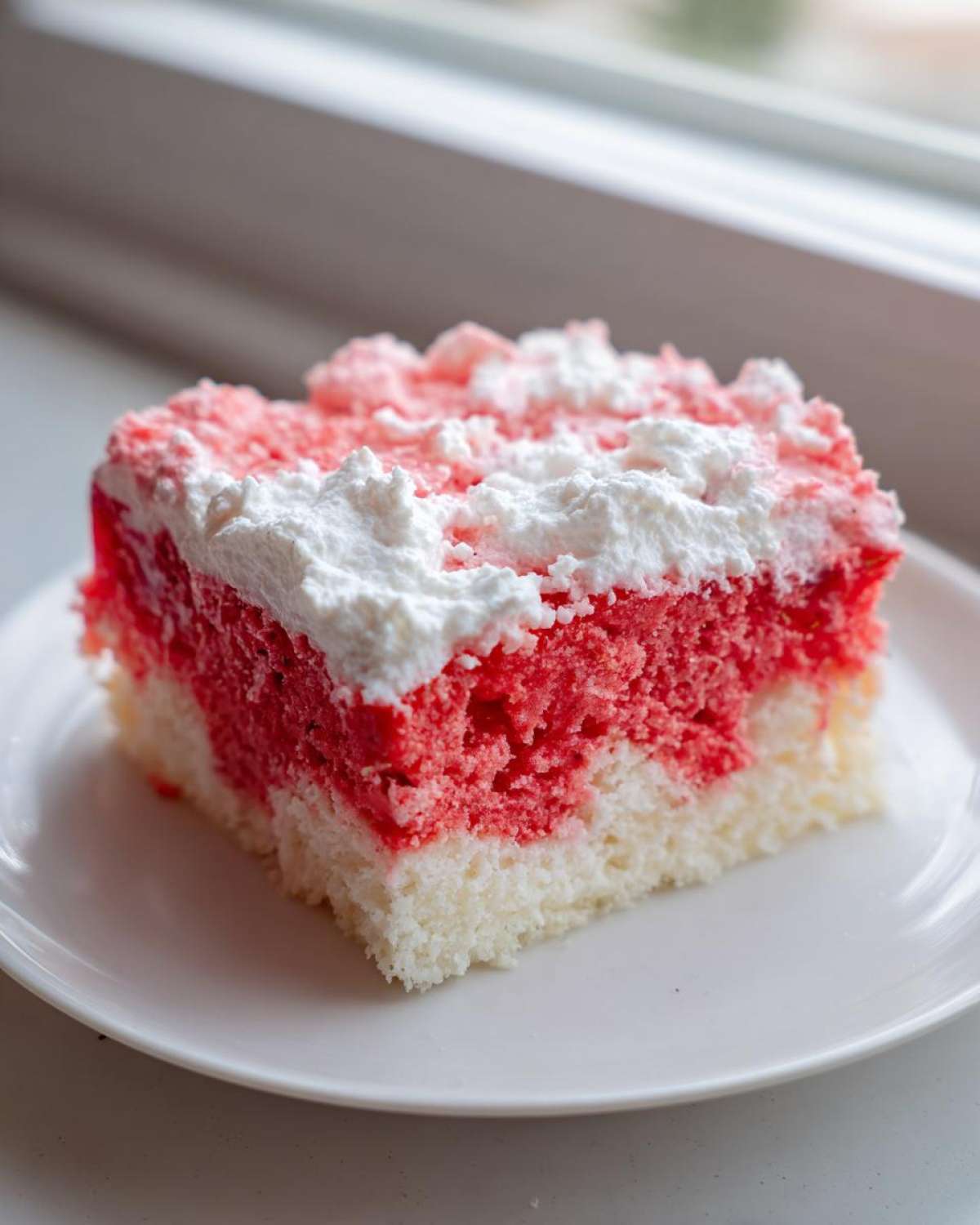 A square slice of vibrant red and white jello poke cake topped with fluffy whipped cream on a white plate.