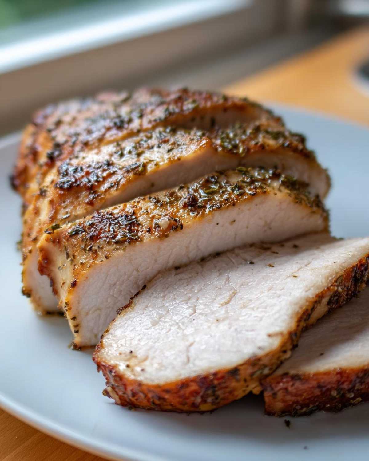 Close-up of perfectly juicy baked chicken breast, sliced and seasoned with herbs.