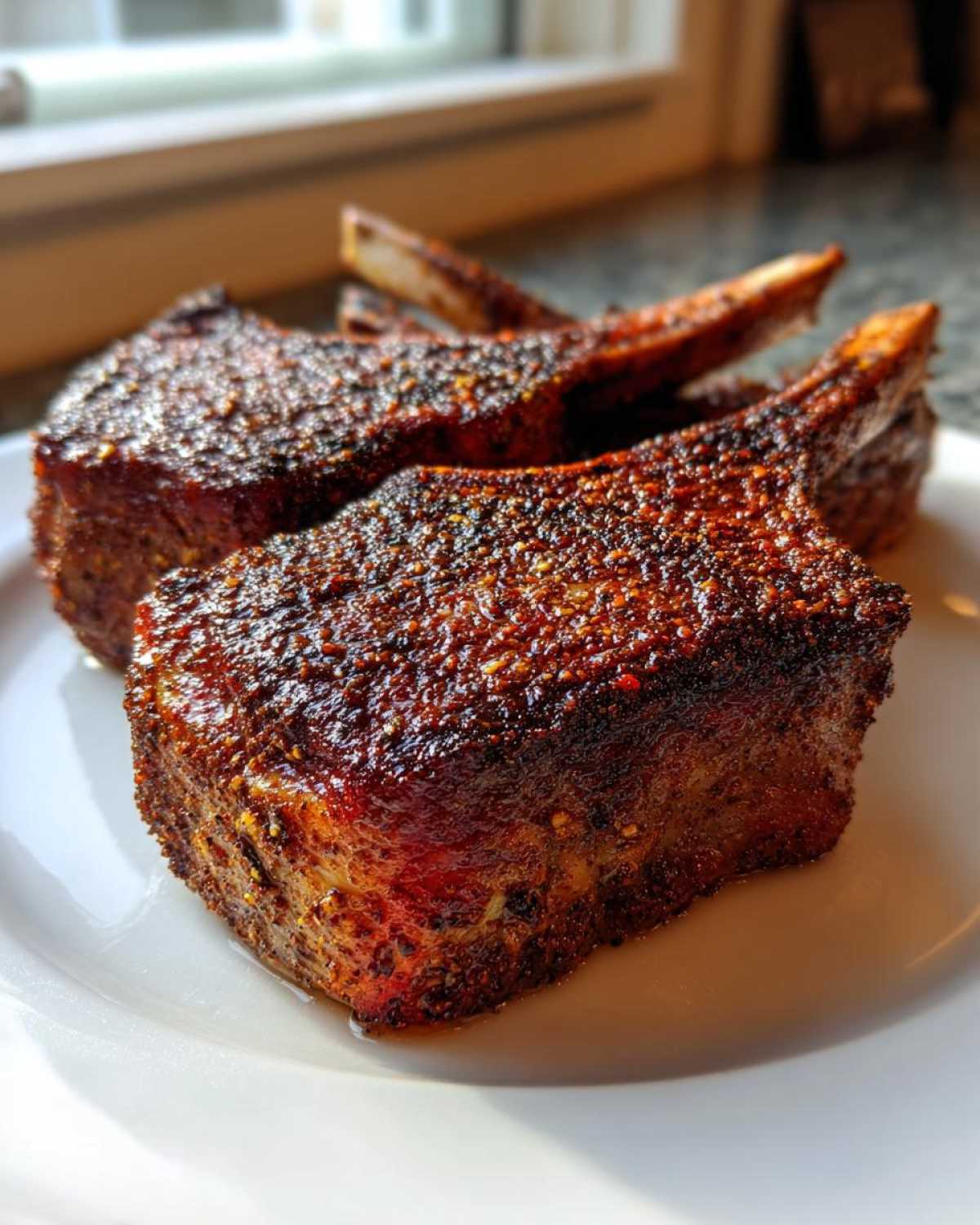 Close-up of thick, juicy baked pork chops with a dark, flavorful crust served on a white plate.