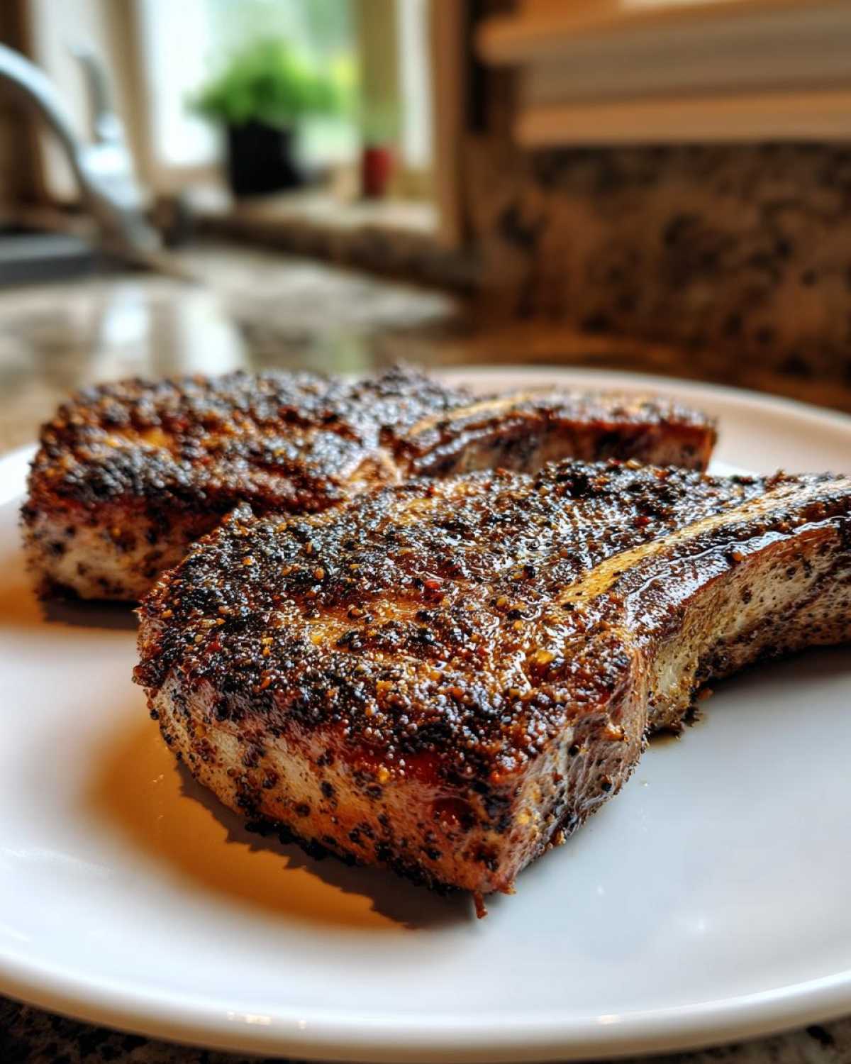Close-up of two thick, juicy baked pork chops with a dark, flavorful crust served on a white plate.