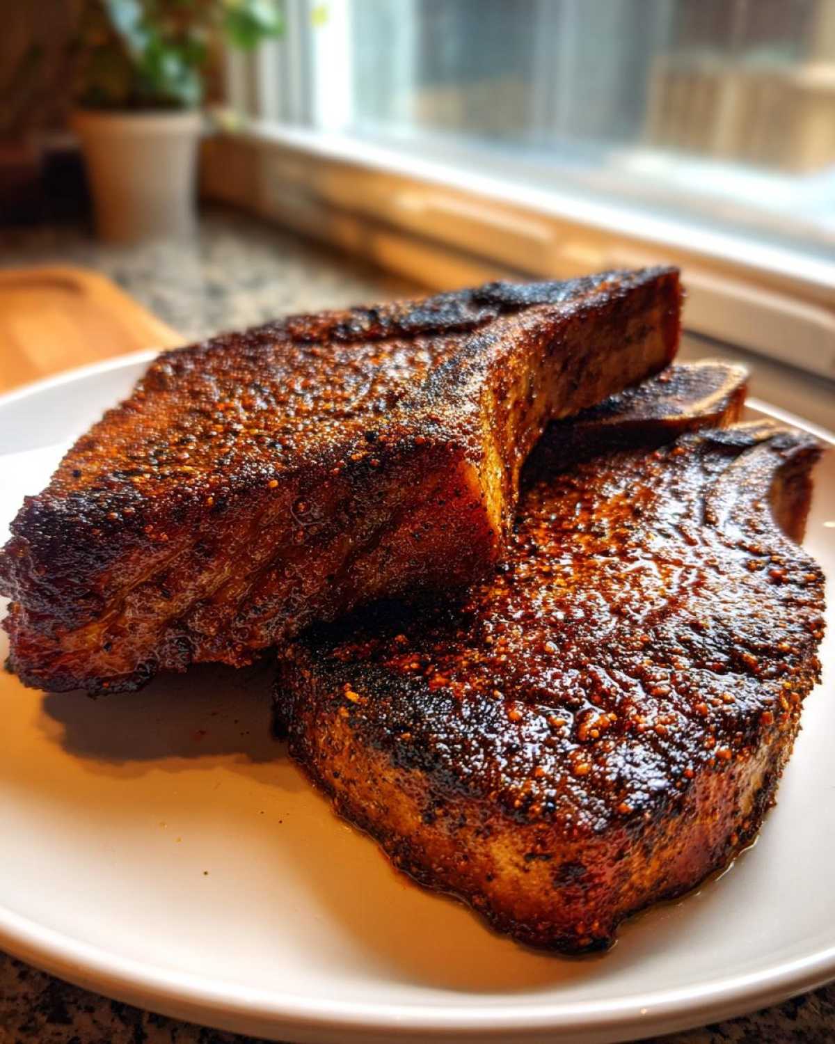 Close-up of thick, juicy baked pork chops with a dark, flavorful spice rub crust on a white plate.