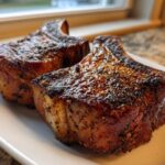 Two thick, juicy baked pork chops with a dark, seasoned crust resting on a white plate.