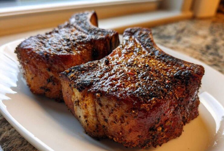 Two thick, juicy baked pork chops with a dark, seasoned crust resting on a white plate.