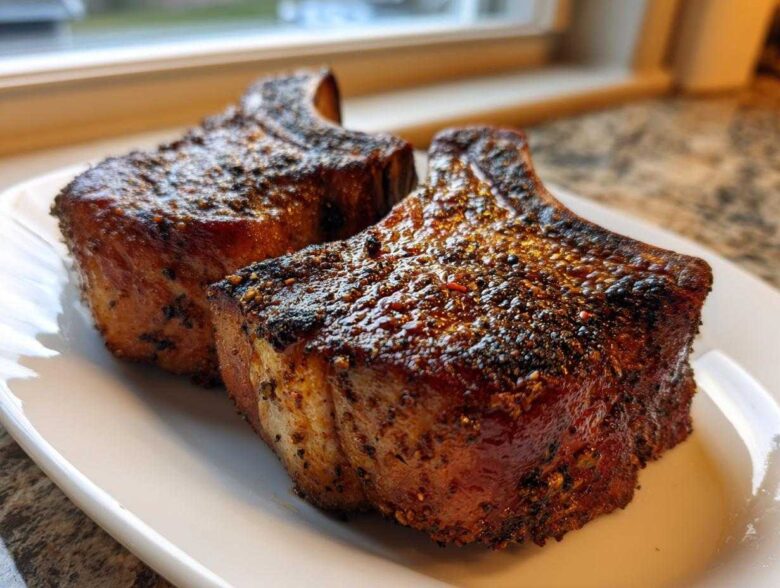 Two thick, juicy baked pork chops with a dark, seasoned crust resting on a white plate.