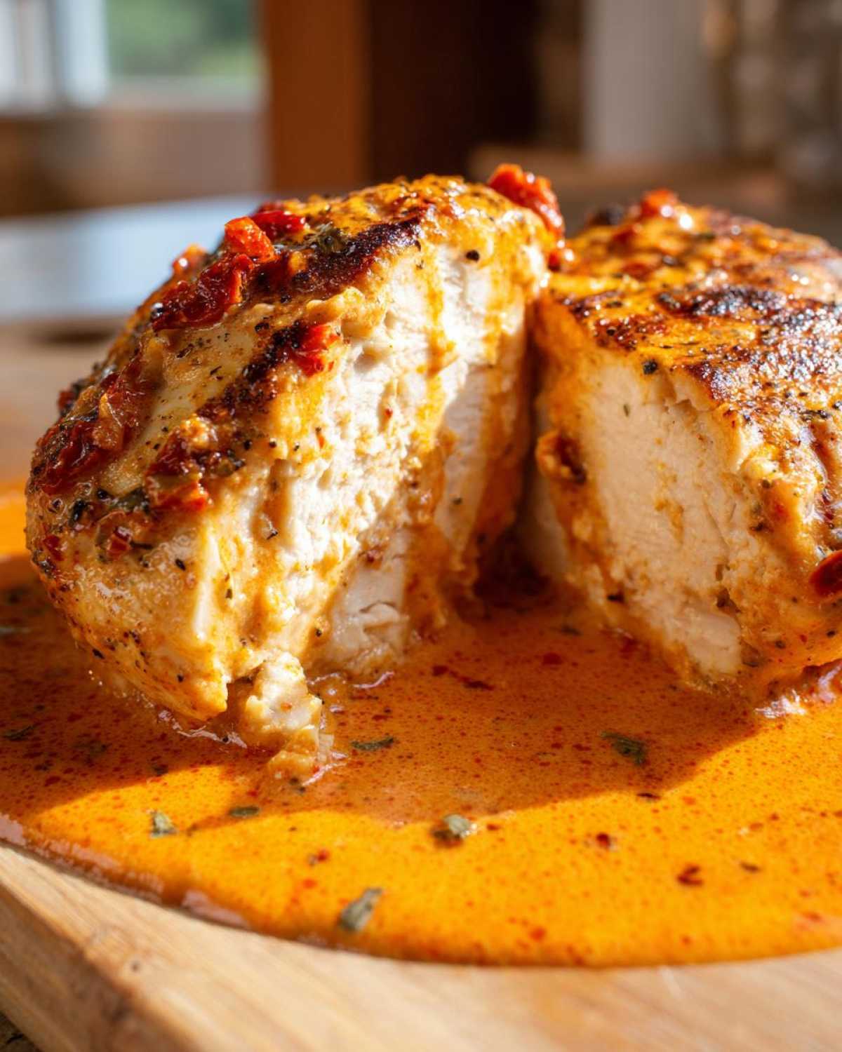 Close-up of juicy marry me chicken breast cut in half, revealing tender white meat swimming in a rich, creamy orange sauce.