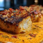 Close-up of a perfectly seared piece of Marry Me Chicken resting in a rich, creamy sun-dried tomato sauce.