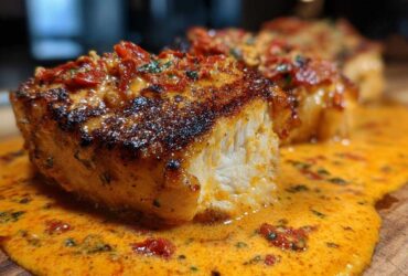 Close-up of a perfectly seared piece of Marry Me Chicken resting in a rich, creamy sun-dried tomato sauce.