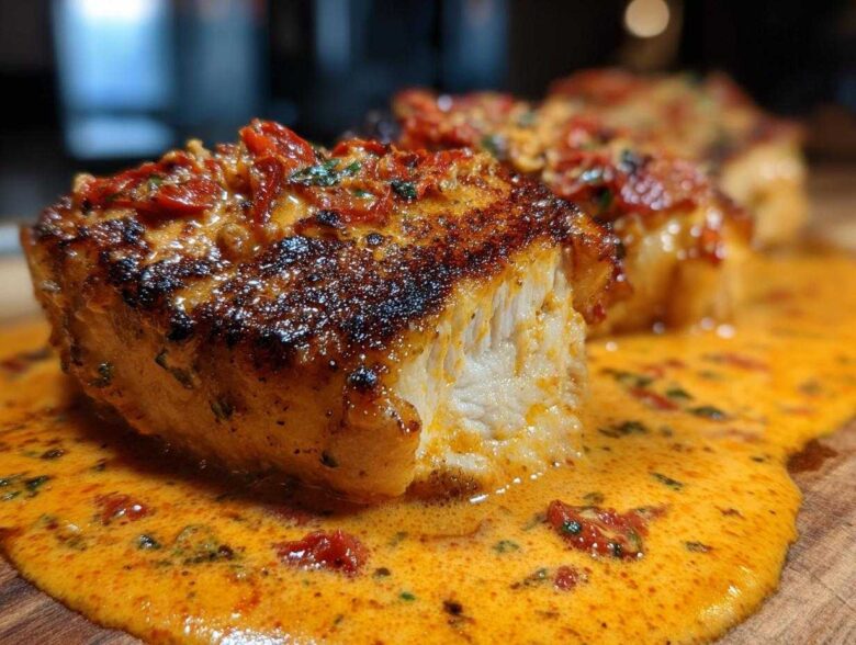 Close-up of a perfectly seared piece of Marry Me Chicken resting in a rich, creamy sun-dried tomato sauce.