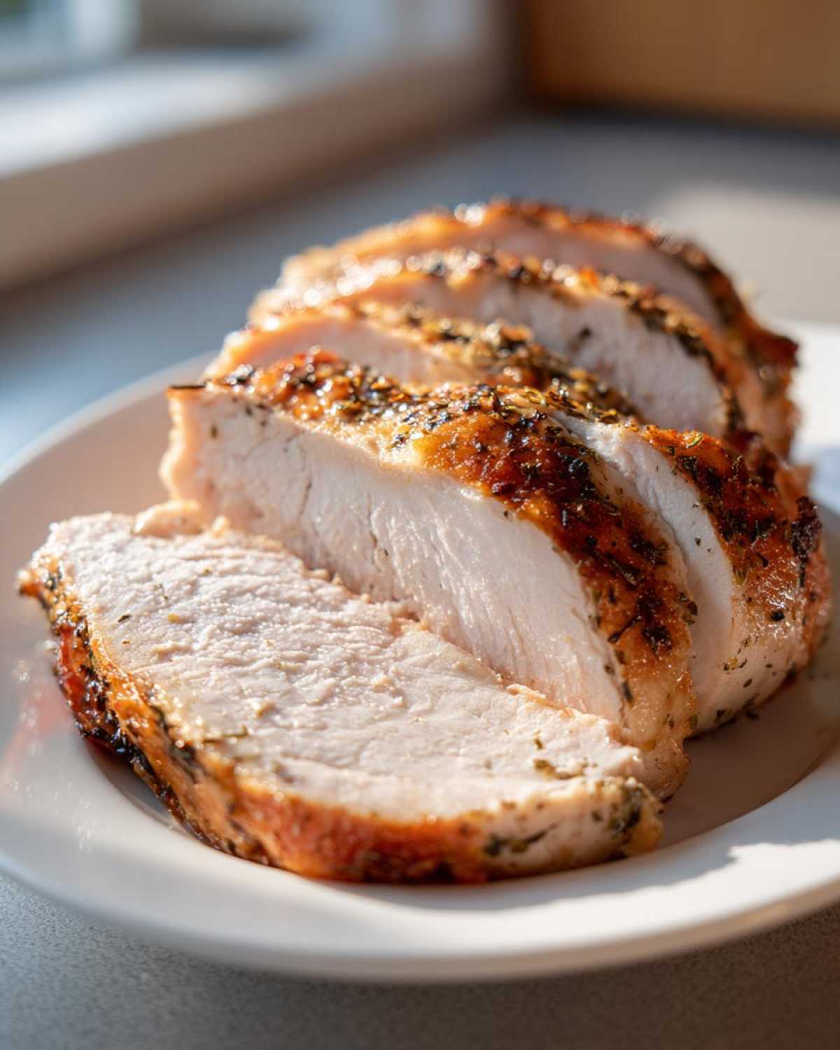 Close-up of moist, sliced baked chicken breast seasoned with herbs, showing a golden-brown crust.