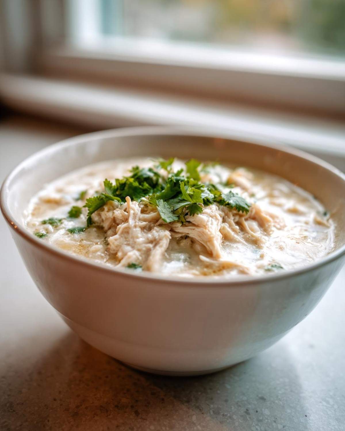 Close-up of a white bowl filled with creamy keto white chicken chili, topped with shredded chicken and fresh cilantro.