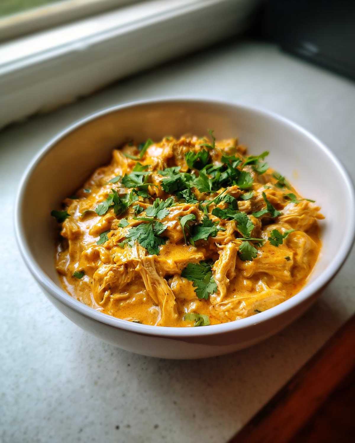 Close-up of a bowl of creamy, orange-tinted keto white chicken chili topped with fresh cilantro.